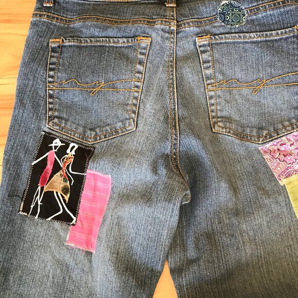 Boho Patch Jeans, 10P: Upcycled Hippie Pants, Paris Theme, Decorative Stitching - Picture 9 of 10